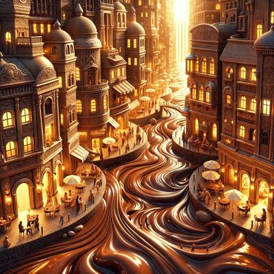 The primary subject of the image is a city street with a flowing river of chocolate. The setting is a cityscape with buildings and people, creating a unique and whimsical atmosphere. The visual style is a combination of digital art and illustration, giving the scene a surreal and artistic appearance. The colors and mood are predominantly warm and inviting, with the chocolate river serving as the focal point of the image.